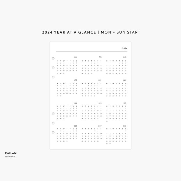 A5 Wide 2024 Calendar Printable, 2024 Year At A Glance, Year on 1 Page, Printable Calendar, Printable Insert, Yearly Printable