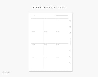 May include: A black and white printable year at a glance planner with a blank space for the year. The planner is divided into 12 months, with each month having its own box. The planner is designed to be used with a disc bound planner system.
