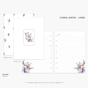 May include: A set of lined floral note pages with a purple and white watercolor iris design. The pages are designed for a 6-ring binder and have a "Date" heading at the top. The cover features a floral design with a purple and white watercolor iris.