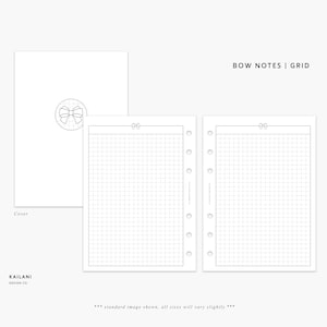 May include: A printable planner page with a grid pattern. The page is designed for use with a disc bound planner. The page has a title that says "BOW NOTES | GRID".