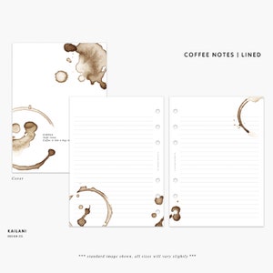 May include: A set of lined paper with a coffee stain design. The cover features the text "COFFEE" and "Coffee is like a hug in a mug". The text "COFFEE NOTES | LINED" is at the top of the page.