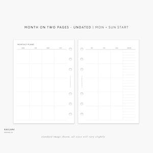 UNDATED Personal Monthly Planner Inserts, Personal Month on Two Pages, Personal Filofax, MM Agendas, Personal Rings printable