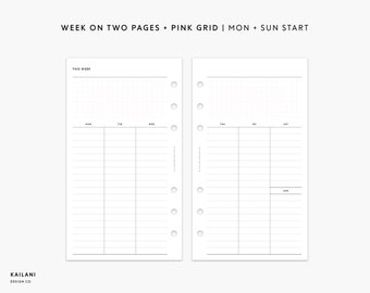 May include: A printable planner page with a pink grid layout. The page is divided into seven columns, one for each day of the week, starting with Monday and ending with Sunday. The page is titled "This Week" and has the text "Week on Two Pages + Pink Grid | Mon - Sun Start" at the top.