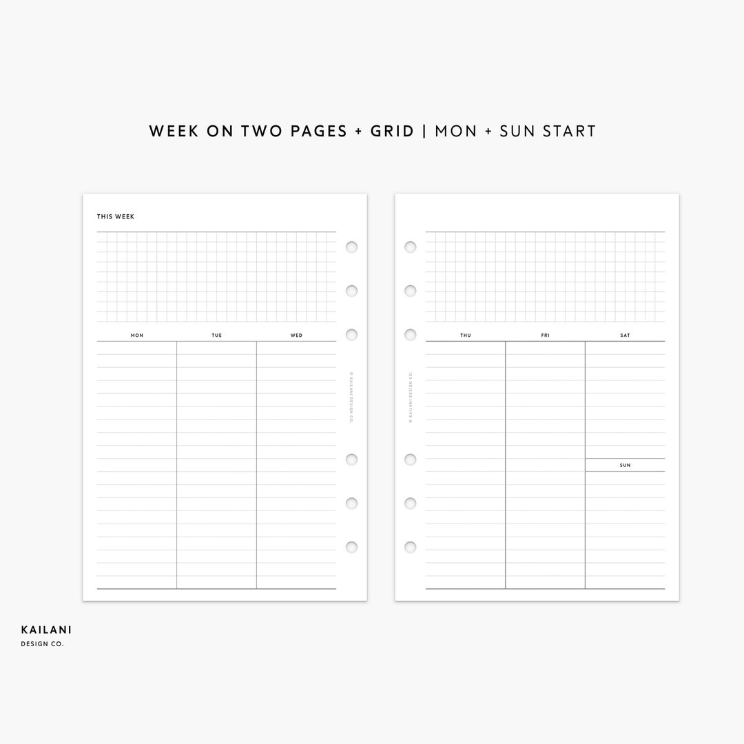 Personal Wide Undated Weekly Planner Inserts, Week on Two Pages, WO2P ...