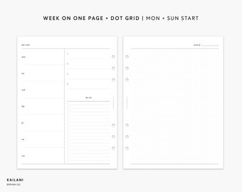 May include: A printable planner page with a weekly schedule on the left and a dot grid on the right. The text "WEEK ON ONE PAGE + DOT GRID | MON + SUN START" is at the top of the page. The text "this week" is at the top of the weekly schedule and the text "week of" is at the top of the dot grid. The text "the list" is at the bottom of the weekly schedule.