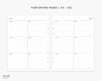 Puede incluir: Una página de planificador imprimible en blanco y negro con el texto "YEAR ON TWO PAGES | JAN - DEC" en la parte superior. La página está dividida en dos columnas, cada una con seis filas. Las filas están etiquetadas con los meses del año, de enero a diciembre. La página está diseñada para la planificación anual.