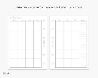 Pocket maandelijkse planner afdrukbaar, ongedateerd maandelijks, maand op twee pagina's, Filofax inserts