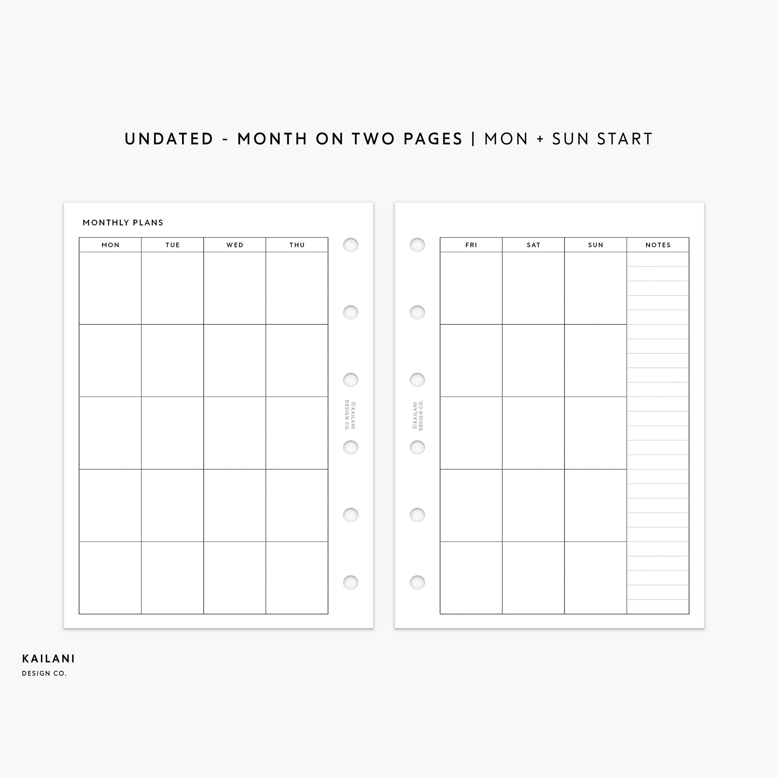 Pocket Monthly Planner Printable, UNDATED Monthly, Month on Two Pages ...