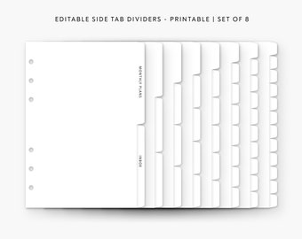 May include: Set of eight white printable side tab dividers for a planner or notebook. The dividers have pre-printed labels for "Inbox" and "Monthly Plans".