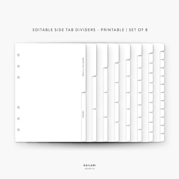 Half Letter Editable Dividers, Printable Divider Tabs, Side Tab Dividers - Set of 8 - PDF - PNG