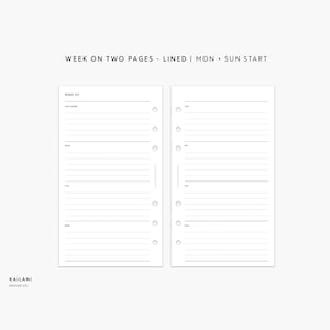 Peut inclure: Une page de planificateur imprimable avec une mise en page lignée pour une semaine sur deux pages. La page est conçue pour un planificateur avec un début le dimanche. Le texte "WEEK OF:" est en haut de la page, suivi de "THIS WEEK". Les jours de la semaine sont listés sur le côté droit de la page : "TUE", "FRI", "SAT", "SUN".