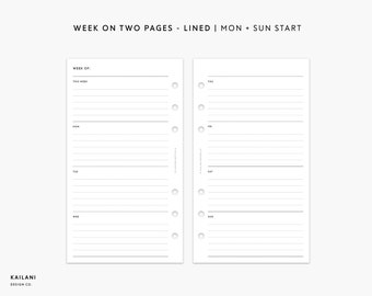 May include: A printable planner page with a lined layout for a week on two pages. The page is designed for a planner with a Sunday start. The text "WEEK OF:" is at the top of the page, followed by "THIS WEEK". The days of the week are listed on the right side of the page: "TUE", "FRI", "SAT", "SUN".