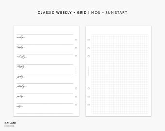 Könnte beinhalten: Eine druckbare Planerseite mit einer wöchentlichen To-Do-Liste links und einem Raster rechts. Der Text "CLASSIC WEEKLY + GRID | MON + SUN START" befindet sich oben auf der Seite.