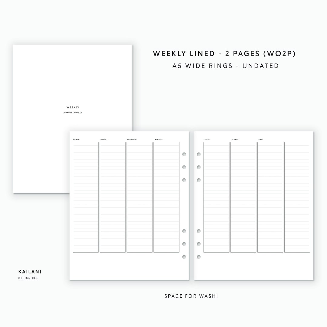 A5 Wide Weekly Planner Inserts, Lined, Week on Two Pages (PDF Pattern ...