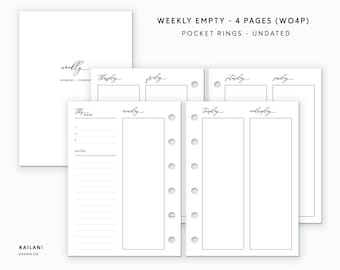 Pocket Rings Weekly Planner Inserts, Minimalist Undated (PDF Pattern)