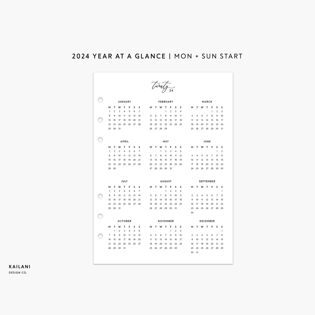 B6 Rings 2024 Calendar Printable, 2024 Year at A Glance, Year on 1 Page