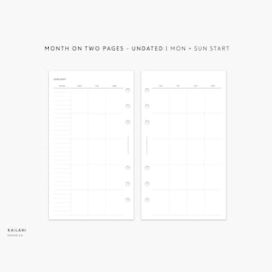 Personal UNDATED Monthly Planner, Personal Inserts, Month on Two Pages, Undated Monthly Planner