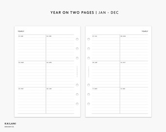 May include: A black and white printable planner page with the text "YEAR ON TWO PAGES | JAN - DEC" at the top. The page is divided into two columns, each with six sections for each month of the year. The text "YEARLY" appears at the top of each column.