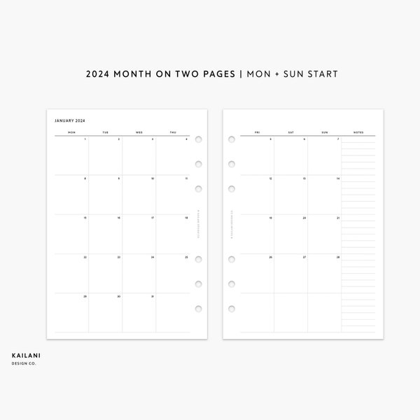 Personal Wide 2024 Dated Monthly Planner, Personal Wide Inserts, Month on Two Pages, 2024 Monthly Planner