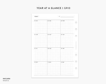 May include: A black and white printable planner page with a grid layout for a yearly overview. The page is titled "Year at a Glance | Grid" and includes the months of the year, from January to December.