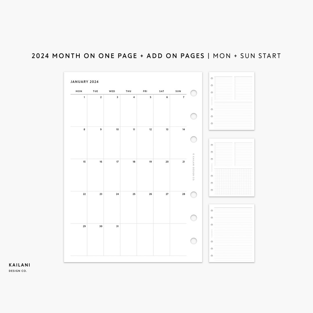 2024 A6 Month on One Page, A6 Insert Printable, Month on One Page
