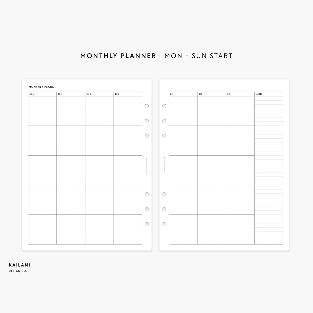 Monthly Planner Printable A5 Wide, Month on Two Pages, MO2P, Monthly ...