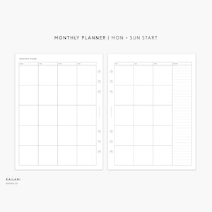 May include: A white monthly planner insert with a grid layout for each day of the week, starting with Monday and Sunday. The text "MONTHLY PLANNER | MON + SUN START" is at the top. The planner is from Kailani Design Co.