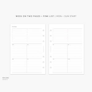 Personal Wide Undated Weekly Planner Inserts, Week on Two Pages, WO2P, Weekly Agenda, Weekly Planner Printable, Undated Weekly, PINK LISTS