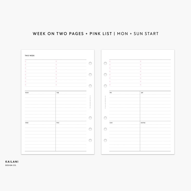 Personal Wide Undated Weekly Planner Inserts, Week on Two Pages, WO2P ...