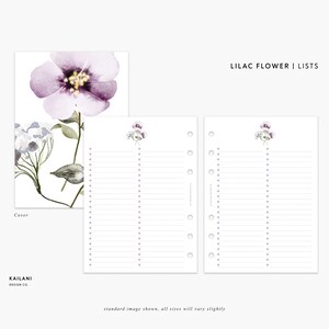 Puede incluir: Páginas de planificador imprimibles con un diseño de flor de lila y una ilustración de acuarela de una flor de lila. Las páginas están diseñadas para listas e incluyen una página de portada con el texto "Lilac Flower | Lists".