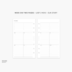 UNDATED Personal Weekly Planner Inserts, Personal Week on Two Pages, Personal Filofax, MM Agendas, Personal Rings printable, LISTS