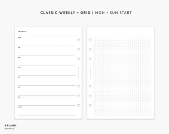 May include: A white planner page with a weekly schedule layout and a gridded page. The planner page has the text "This Week" at the top and includes days of the week from Monday to Sunday. The gridded page is blank and has a grid pattern.