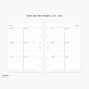 Pocket Rings Insert -  Year At A Glance, Year on Two Pages, Printable Calendar, Important Dates, Pocket Printable