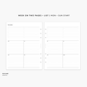 A5 Wide Undated Weekly Planner Inserts, Week on Two Pages, WO2P, Printable Weekly Planner, Undated Weekly, A5 Wide Insert, A5 WIDE LISTS