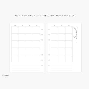 May include: A black and white undated monthly calendar planner with a simple design. The calendar is divided into two pages, with the first page showing Monday through Thursday and the second page showing Friday through Sunday. The calendar is designed to be used with a disc bound planner.