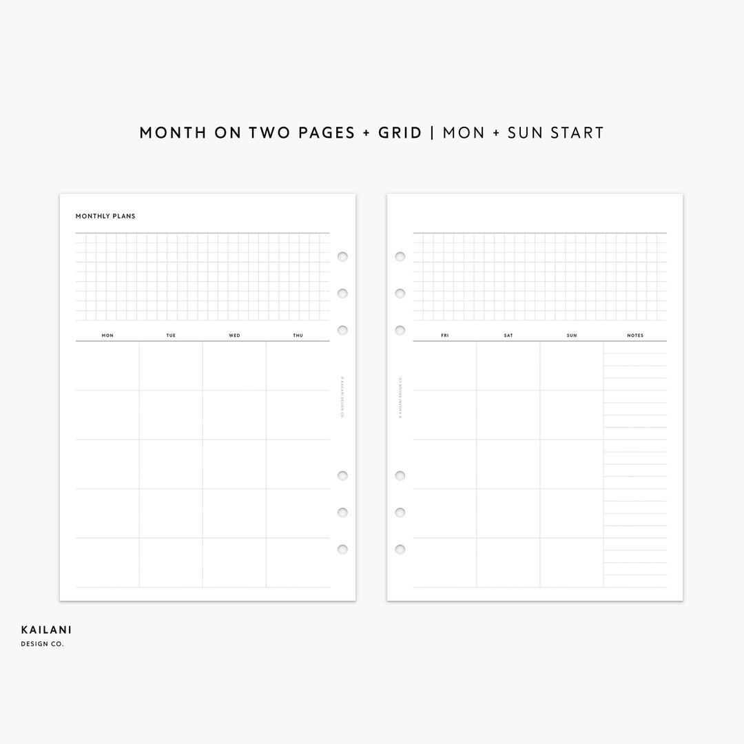 A5 monthly planner printable insert undated month on two pages 