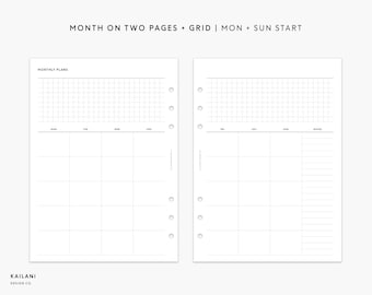 A5 Monthly Planner Printable Insert, UNDATED Month on Two Pages Printable, Printable Monthly Planner Inserts, A5 Planner Printable Monthly