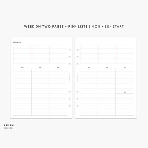 A5 Wide Undated Weekly Planner Inserts, Week on Two Pages, WO2P, Printable Weekly Planner, Undated Weekly, A5 Wide Insert, A5 WIDE LISTS
