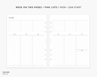 May include: A planner spread with two pages, featuring pink lists and a week-on-two-pages layout. The text includes "Week on Two Pages + Pink Lists | Mon + Sun Start" and "This Week". The planner is from Kailani Design Co.