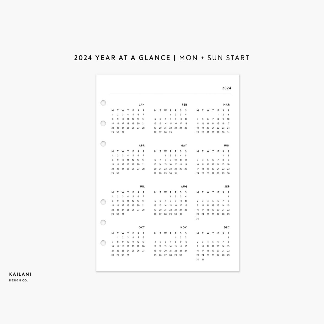 B6 Rings 2024 Calendar Printable, 2024 Year at A Glance, Year on 1 Page