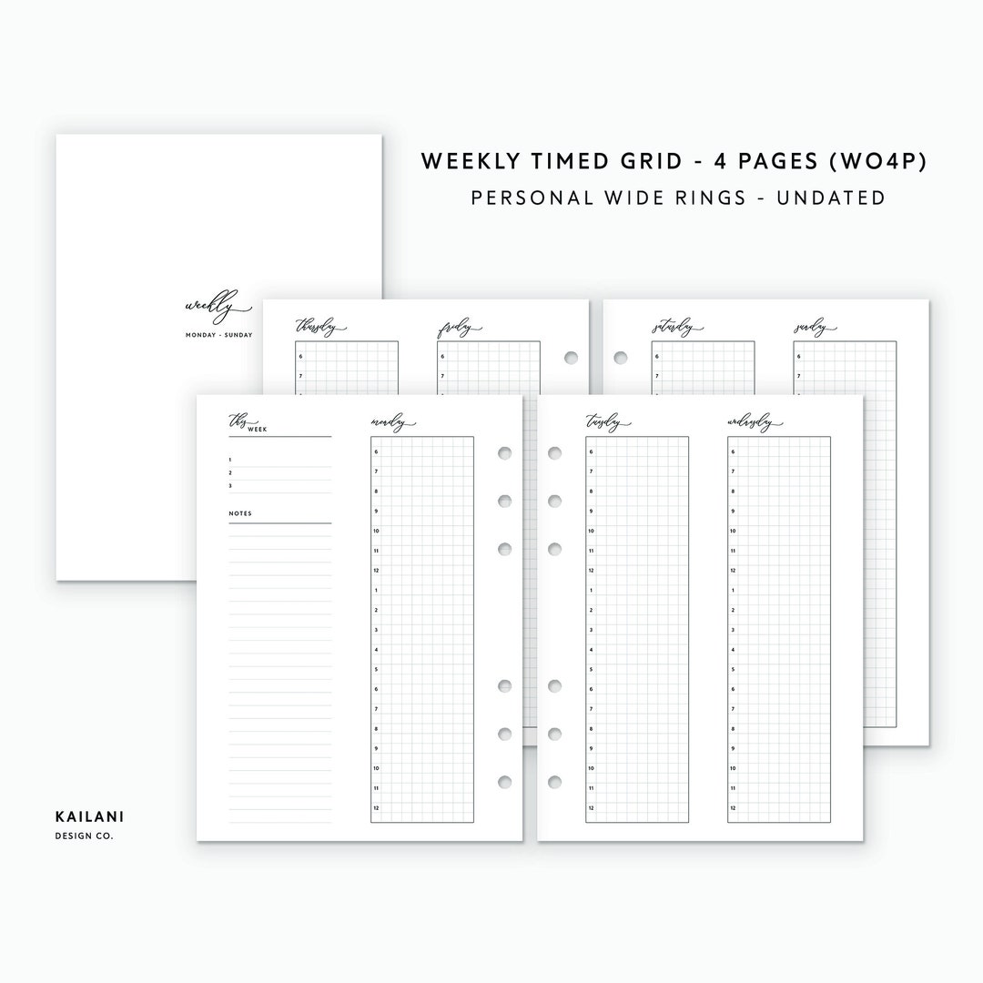 Personal Wide Weekly Planner Inserts, Timed Grid (PDF Pattern) - Etsy
