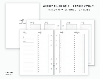 Personal Wide Weekly Planner Inserts, Timed Grid (PDF Pattern)