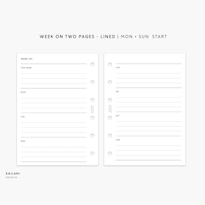 Pocket Rings Inserts, Week on Two Pages, WO2P, Undated Weekly, Weekly Agenda, Printable Weekly Planner, Minimalist, Pocket Inserts Printable