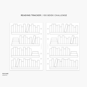 Könnte beinhalten: Ein druckbarer Lese-Tracker mit einem Bücherregal-Design. Der Tracker ist in vier Abschnitte unterteilt, jeder mit einem Bücherregal, das 25 Bücher aufnehmen kann. Der Tracker soll Menschen helfen, ihren Leseprozess zu verfolgen und eine 100-Buch-Herausforderung zu meistern. Der Text "READING TRACKER | 100 BOOK CHALLENGE" befindet sich oben auf der Seite. Der Text "KAILANI DESIGN CO." befindet sich unten auf der Seite.