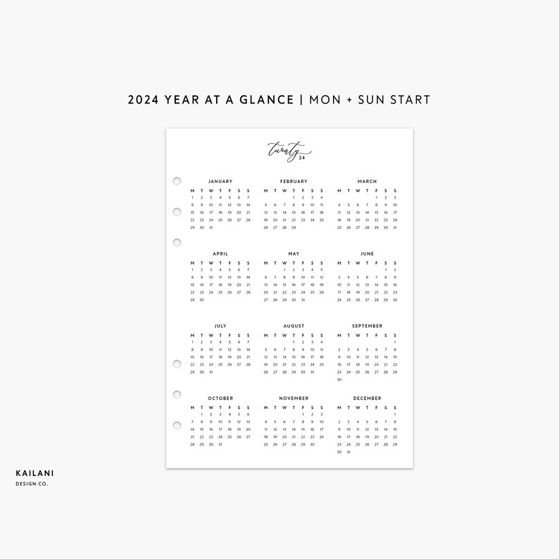 A5 2024 Year at a Glance, 2024 Calendar Printable, Year on 1 Page, A5 ...