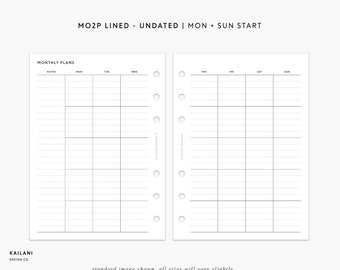 Puede incluir: Un inserto de planificador blanco con un diseño de plan mensual. El inserto presenta una cuadrícula para cada día de la semana, con espacio para notas. El texto en la parte superior dice "MO2P LINED - UNDATED | MON + SUN START". El texto "KAILANI DESIGN CO." está en la esquina inferior izquierda.