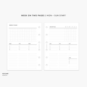 Pocket Rings Inserts, Week on Two Pages, WO2P, Undated Weekly, Weekly Agenda, Printable Weekly Planner, Minimalist, Pocket Inserts Printable