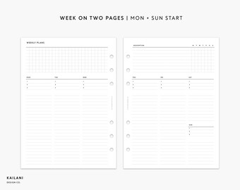 A5 Undated Weekly Planner Inserts, Week on Two Pages (PDF Printable)