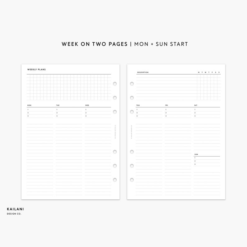 A5 Undated Weekly Planner Inserts, Week on Two Pages (PDF Printable) - Etsy