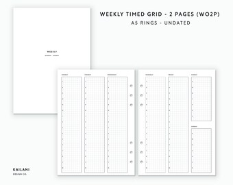 Agenda hebdomadaire A5, grille chronologique, semaine sur deux pages (patron PDF)